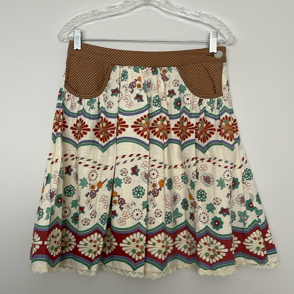 BARAMI Floral Print Lace Trim Hem Linen Printed Skirt Size M